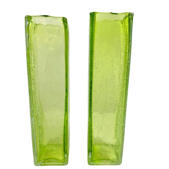 Art Glass MCM Vibrant Green Vintage Crackle Finish Rectangular 10" Vases-Pair!